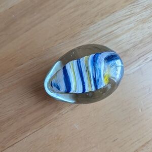 Elegant Glass Art Paperweight with Blue and Yellow Accents